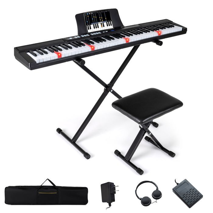 Teclado de piano electrónico de 88 teclas sensibles al tacto con taburete - COSTWAY - Soporte ajustable - MIDI - Duo Play - Pedal de sustain - Funda - Negro