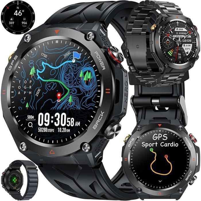 Men's Smartwatch with GPS, Sport Function, Calling, Compass, Barometric Altimeter, Heart Rate Monitor, 650mAh Battery, 3 Straps, Tactical Steel, Silicone
