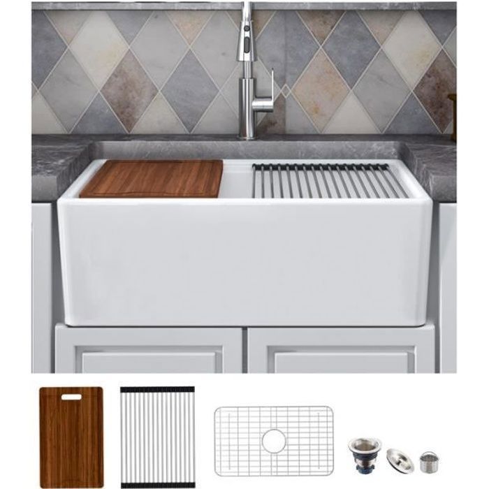 Fregadero de cocina individual MEJE de 76,2 x 50,8 cm con borde escalonado y frontal tipo granja - Fregadero estampado - Blanco
