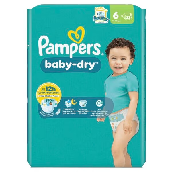 Plenice Pampers Baby-Dry velikost 6 (13–18 kg), 22 kosov