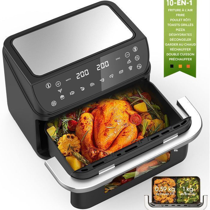 Friteuse sans Huile 12L - Panier Flexible - Écran LED - Cuisson 360° Sans Huile - 10 Programmes - Cavité métallique - Air fryer