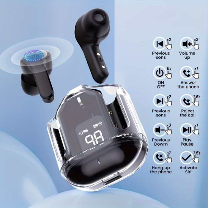 Auriculares inalámbricos transparentes y elegantes con cancelación de ruido, compatibles con todos los teléfonos móviles - color negro.
