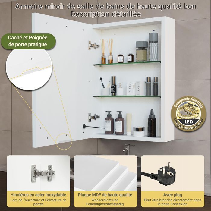 Armoire Murale de Salle de Bain avec LED Miroir, Meuble Salle de Bain Rangement avec 1 Porte, Blanc, 50x15x70 cm