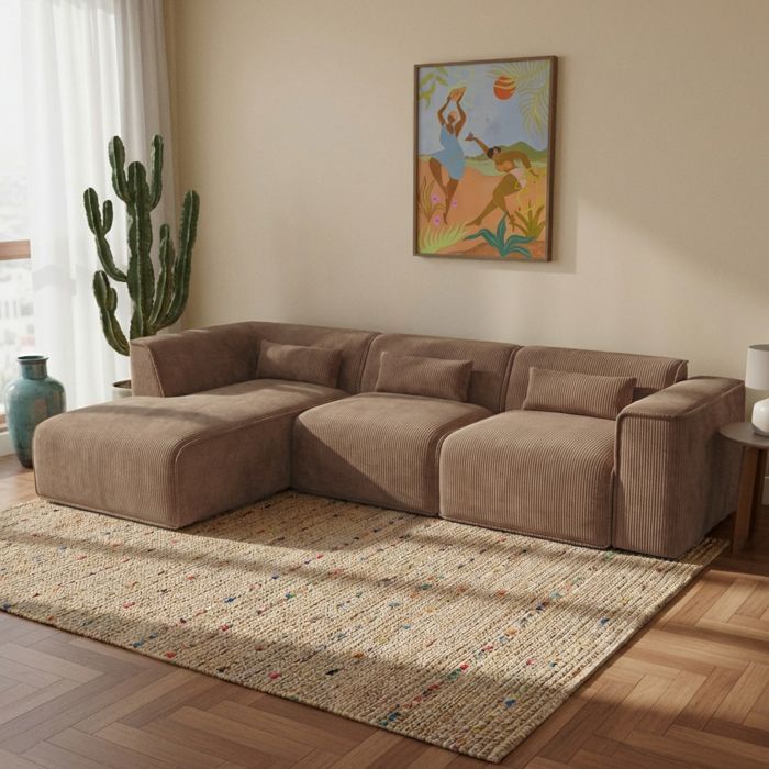 NUNA 5/6-Sitzer Ecksofa mit fester linker Seite aus braunem Cord