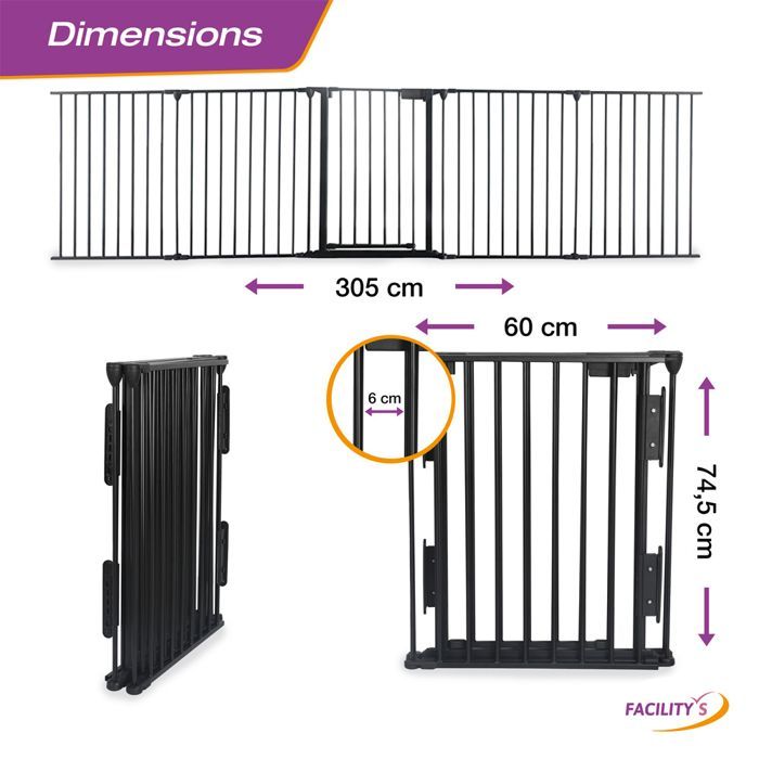 Barrière de protection, sécurité bébé/enfant/animaux L300 x H74.5 cm -  métal - FACILITYS - 5 panneaux + poignée sécurisée - noir