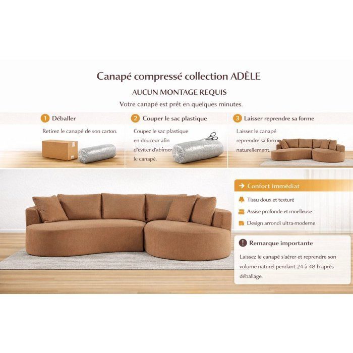 Canapé compressé modulable - 3/4 places - ADÈLE - Tissu Beige crème - Avec design courbes - 307 x 167 x 90 cm