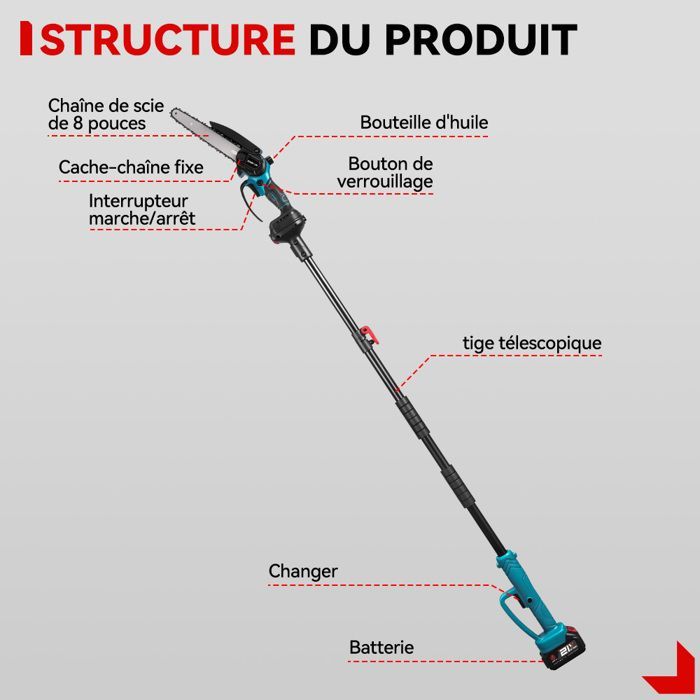 Tronçonneuse élagueuse sur perche - ONEVAN - ONEVAN - 400W - 30 cm - Perche 1,7 m