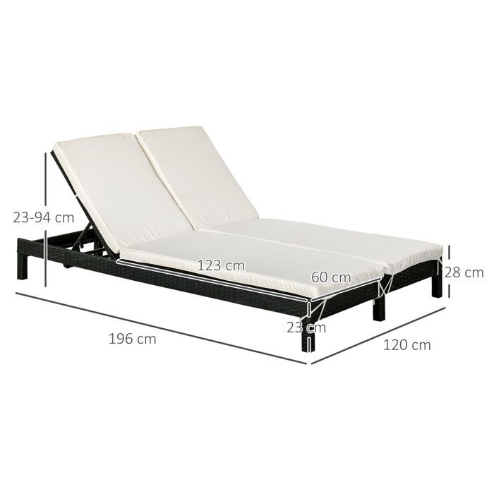 Sun lounger - Outsunny - 2-seater sun lounger with reclining backrest and mattress - woven resin - black