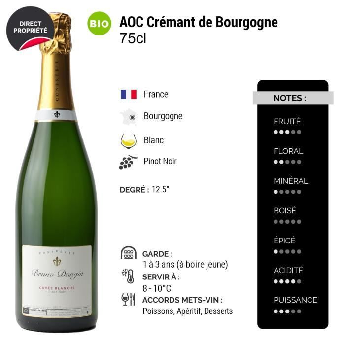 Crémant de Bourgogne Cuvée Blanche Brut Blanc - Orgánico - Lote de 3x75cl - Bruno Dangin - Vino espumoso AOC Blanc de Bourgogne -