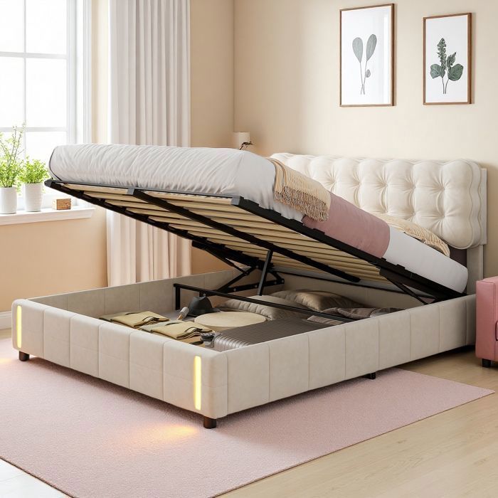 Cama con almacenamiento de 140x190 cm, cama doble con iluminación LED, cabecero, sensor de luz nocturna, somier de láminas, cama para adultos, terciopelo, beige.