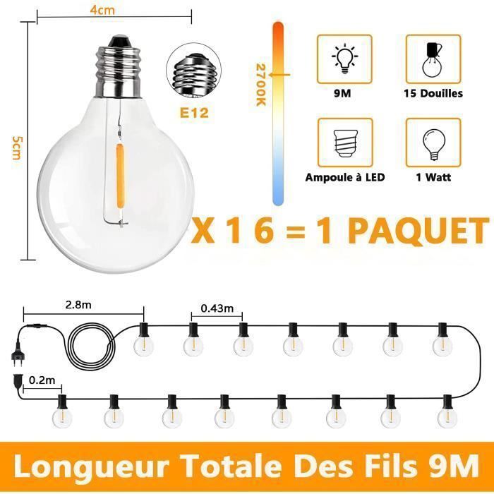 9 m lange Lichterkette für den Außenbereich mit 50 G40-Glühbirnen – warmweißes LED-Licht – IP45 wasserdicht