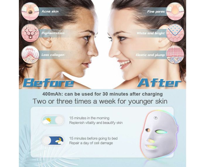 Masque facial à LED, masque de soin de la peau du visage par luminothérapie à 7 couleurs, masque LED photonique pour la réductio