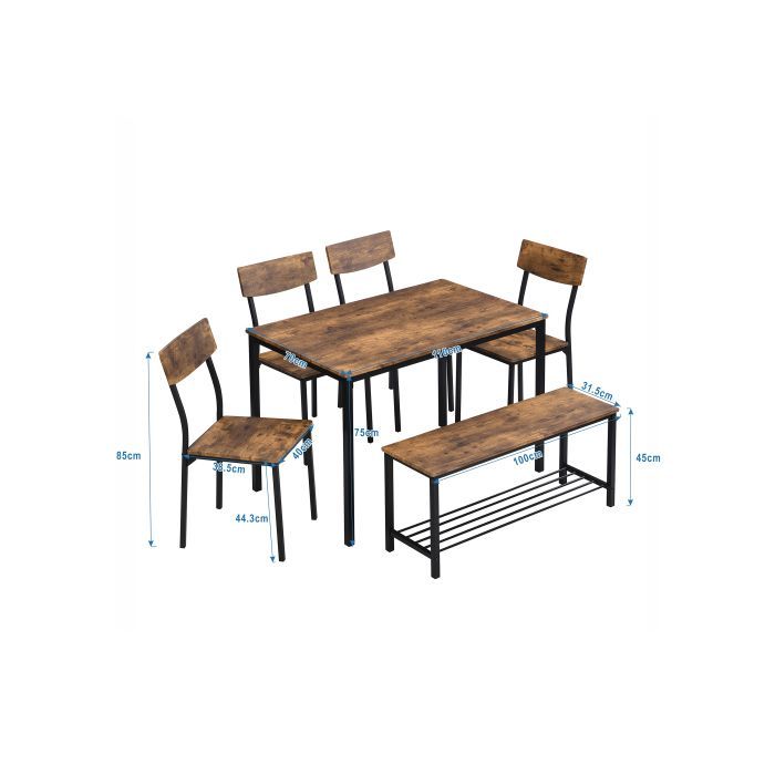 SogesHome Dining Table with Chairs, Wood & Steel, Set of 1 Table + 6 Chairs, 110x70x75 cm