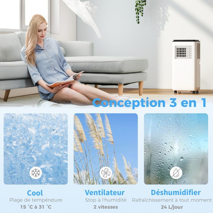 Aire acondicionado portátil - HOMCOM - 9000 BTU - Refrigeración, deshumidificación, ventilador, automático, modo nocturno - ABS - 33x28x70,4cm - Blanco