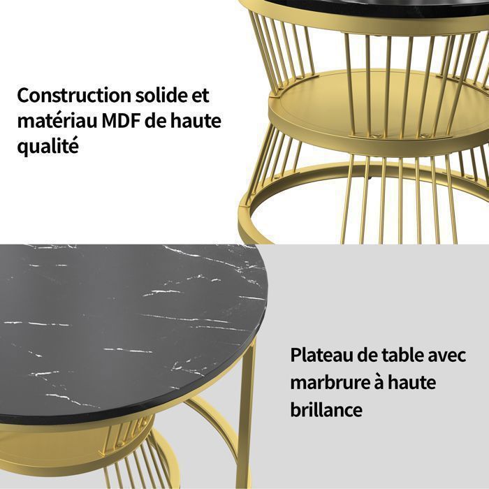 Set di 2 tavolini impilabili, piano in marmo e gambe in metallo – P70/45 x H45/40 cm – nero