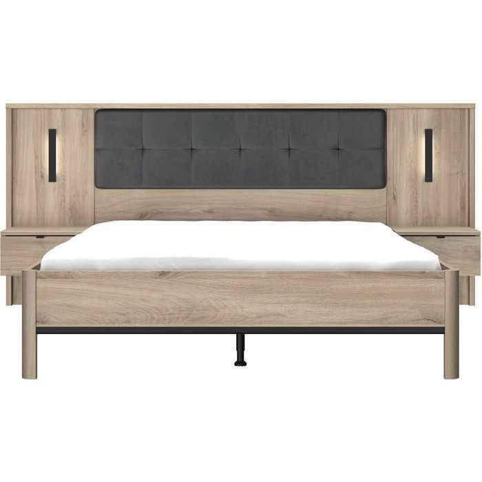 Volwassen bed met nachtkastjes met panelen - MAXIMIN - 160 x 200 cm - Licht Krönberg Eikenhout - GAMI