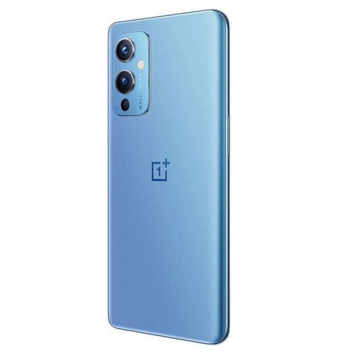 OnePlus 9 5G-telefoon met 8 GB RAM, 128 GB opslag en Snapdragon 888-processor, 6,55-inch AMOLED-scherm en blauw display.