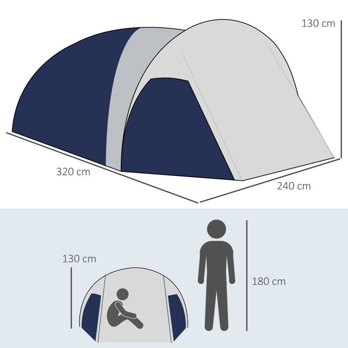 Kampeertent - Outsunny - Lichtgewicht, geventileerde koepeltent voor 3/4 personen, eenvoudig op te zetten, inclusief draagtas - Oxford-stof - 320x240x130cm