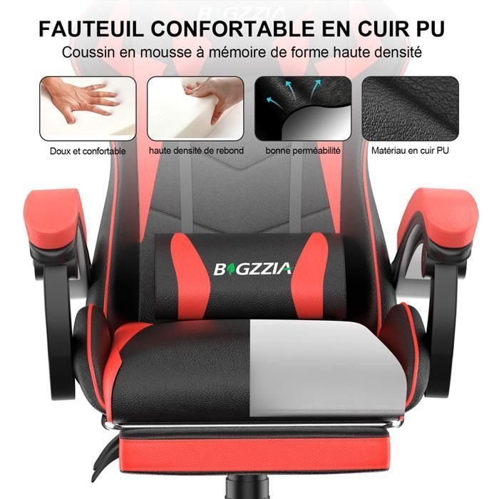 Sedia da ufficio gaming con poggiapiedi ergonomico, girevole a 90°, cuscino lombare e poggiatesta, regolabile in altezza.