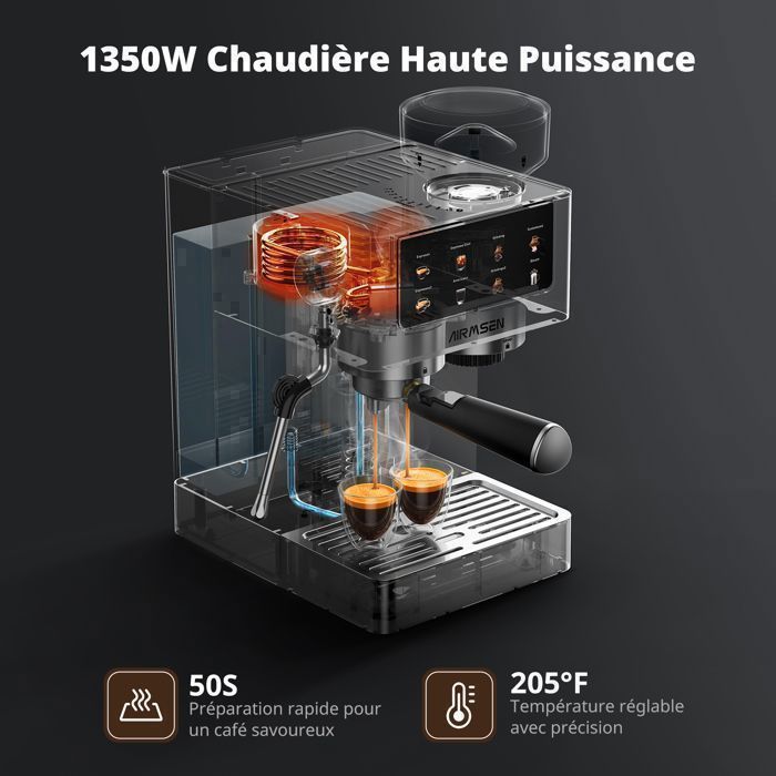 AIRMSEN Machine à Café avec Broyeur – Machine à Café Expresso avec Mousseur à Lait, 20 Bars Inox, Cappuccino, Latte, Café Glacé