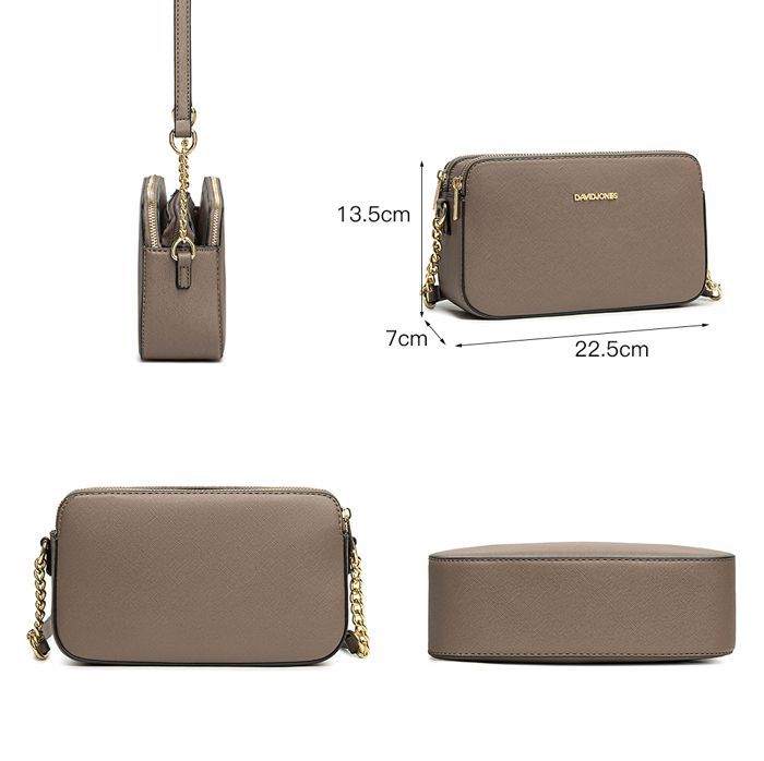 David Jones - Borsa a tracolla piccola da donna - Borsa a spalla con tracolla a catena, in pelle sintetica, 3 scomparti - Borsa multi-tasche - Marrone tortora