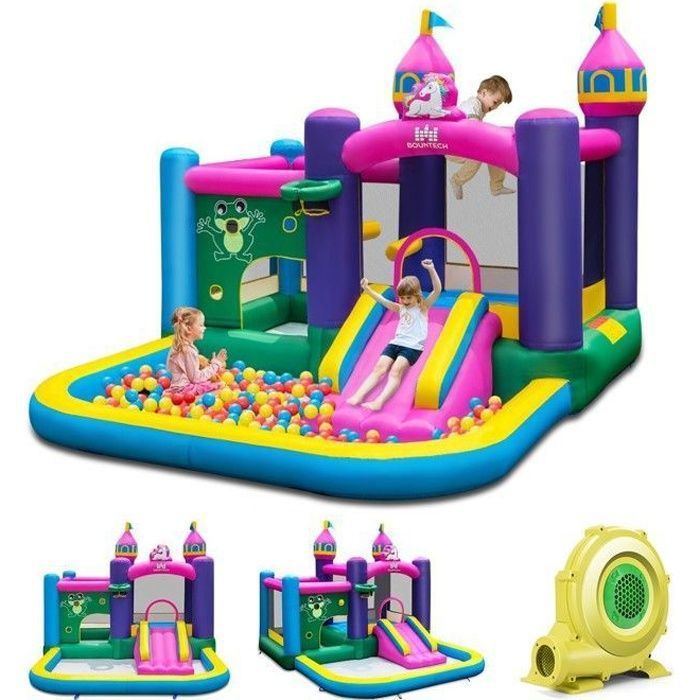 DREAMADE Château Gonflable Enfant avec Souffleur 680W, Piscine, Toboggan, Panier de Basket, Structure Gonflable Intérieur Extérieur