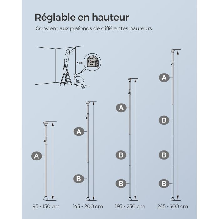 Soporte para accesorios de baño, estante de ducha de altura regulable, altura total de 95 a 300 cm, acero inoxidable, plata y negro.