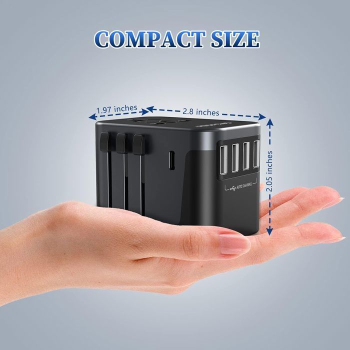 Adaptador de viaje todo en uno con 4 puertos USB de 5,6 A y 1 puerto USB-C, adaptador de enchufe universal esmerilado (de Francia a Reino Unido y EE. UU.).