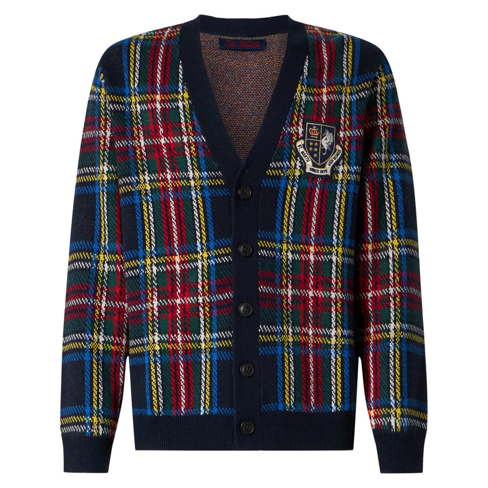 Gebreid herenvest met tartanprint en patch