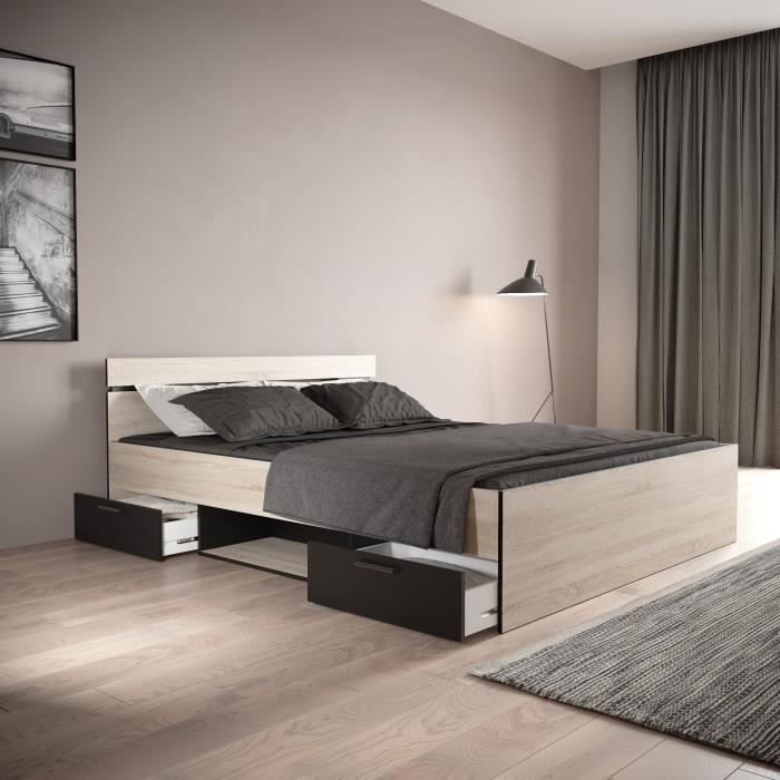Cama doble - DEMEYERE - MICHIGAN - 160 x 200 cm - Roble cepillado y negro - 2 cajones y 1 nicho