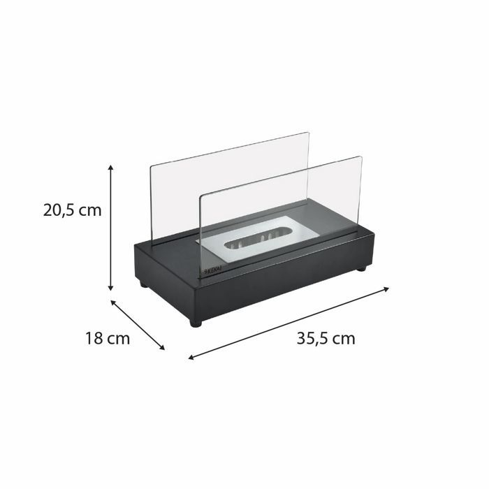 Caminetto a bioetanolo da tavolo Kekai Etna, dimensioni 35,5x18x20,5 cm, con bruciatore in acciaio inox, vetro temperato e spegnifiamma.