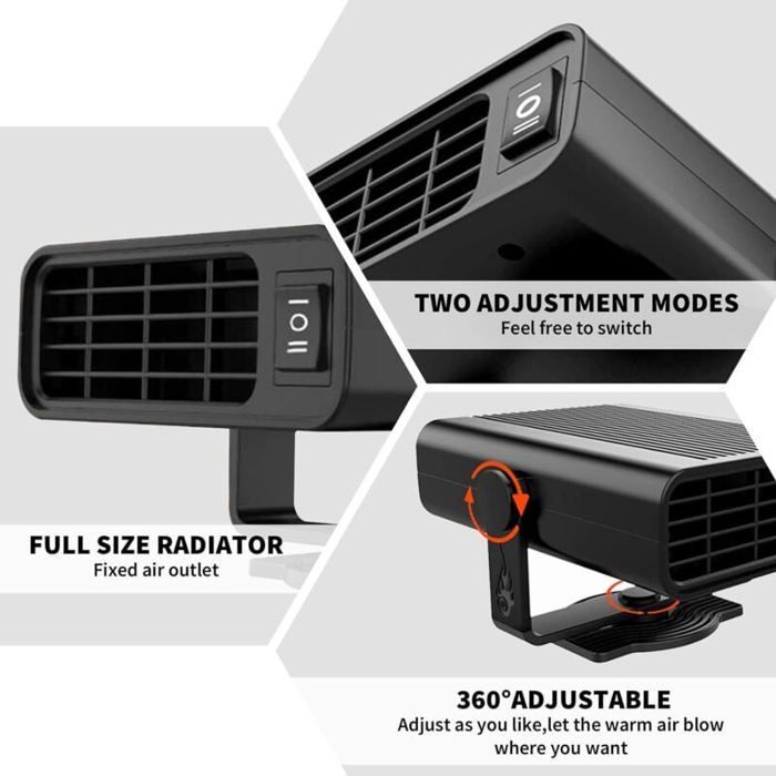 Calefactor portátil para coche - MICH - Desempañador portátil - Base giratoria de 360° - Enchufe para encendedor de cigarrillos de 12 V - 14 x 10,5 x 8 cm