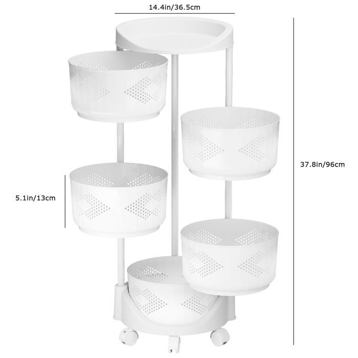 Chariot de rangement de cuisine à 5 niveaux, avec roues à 360 degrés, panier rotatif pour cuisine et salle de bain,blanc,37x37x88cm