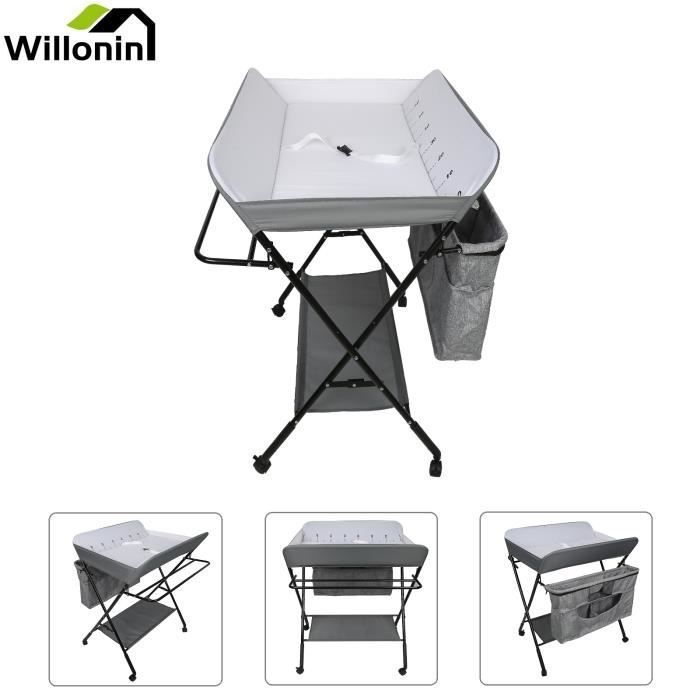 Willonin® Table à langer pour bébé 0-24 mois,  Plan pliable avec hauteur reglable, Support mobile roulant avec Panier de Rangement