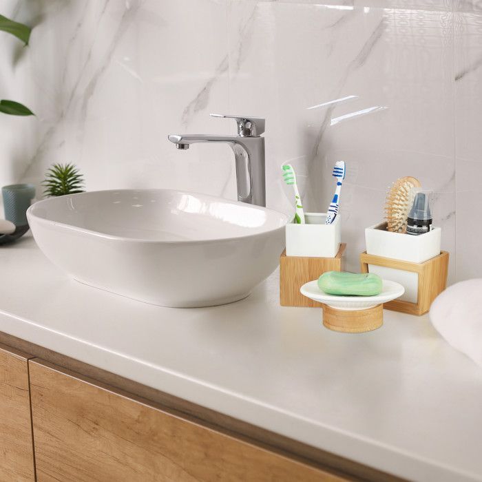 Relaxdays Bamboo Ceramic Bathroom Accessories Set, 4 Pieces, Soap Dispenser, Tumbler, Toothbrush Holder, Natural White