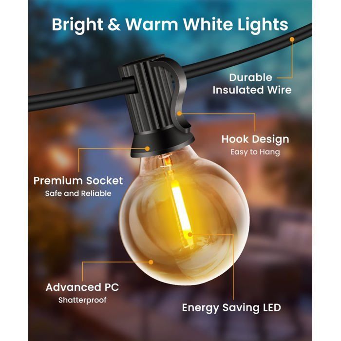 Guirlande Lumineuse Exterieure 20M/30M - 30+2 Ampoules G40,Plug&Play,Incassable,Guirlande Guinguette Led Connectable [Blanc Chaud]