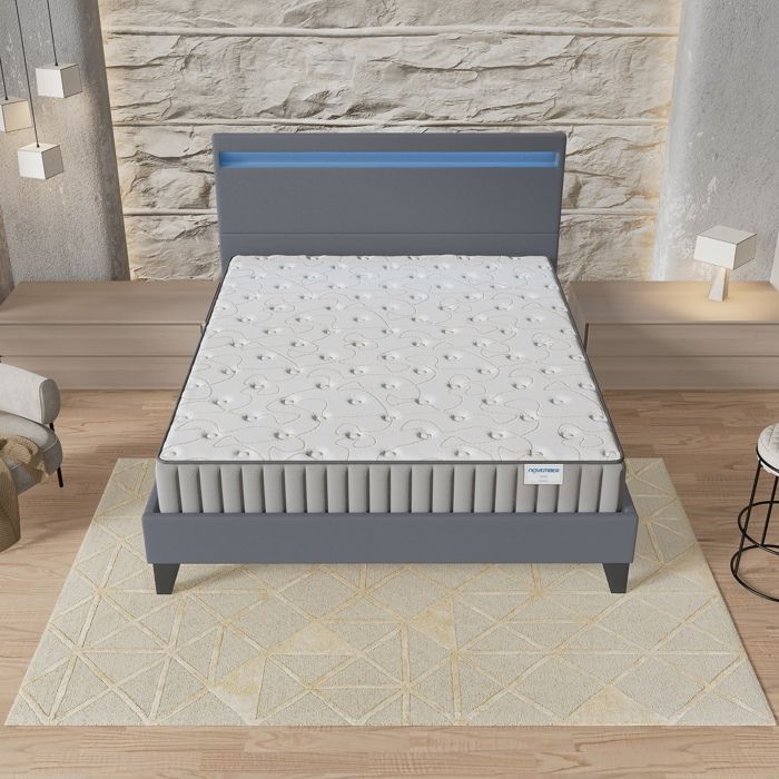 Colchón y cama Orionis (140 x 190 cm) 22 cm de espuma viscoelástica y espuma de alta densidad + base de láminas estable y cabecero LED gris