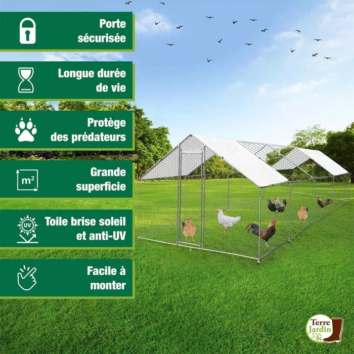 Galinheiro/viveiro de 24 m² - C.800 x L.300 x A.200 - aço galvanizado + cobertura impermeável resistente aos raios UV, porta com trinco