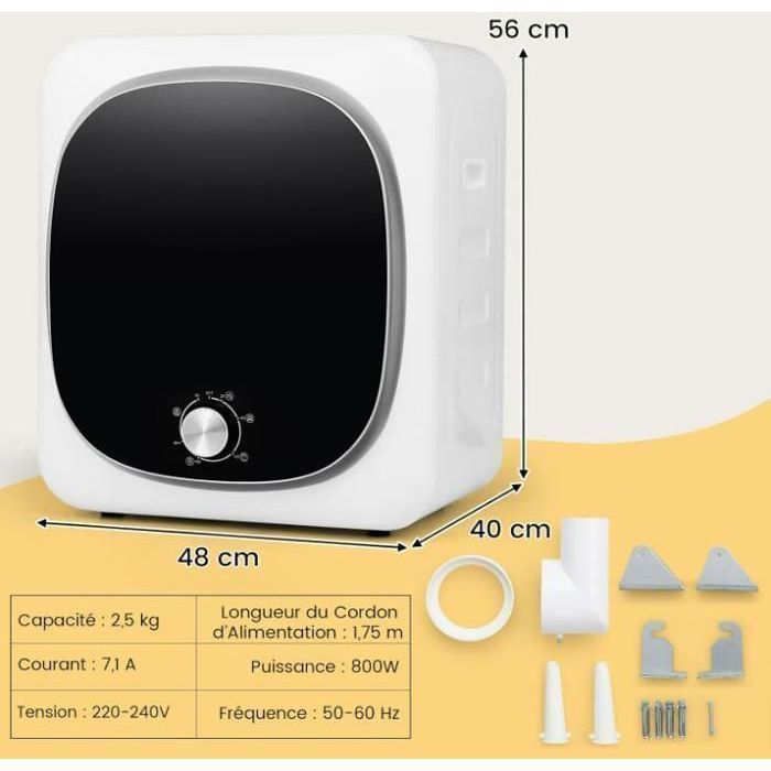 Sèche-Linge - RELAX4LIFE - 800W - Capacité 4KG - 5 Modes de Fonctionnement - Minuterie 0-180min - Tambour en Acier Inoxydable