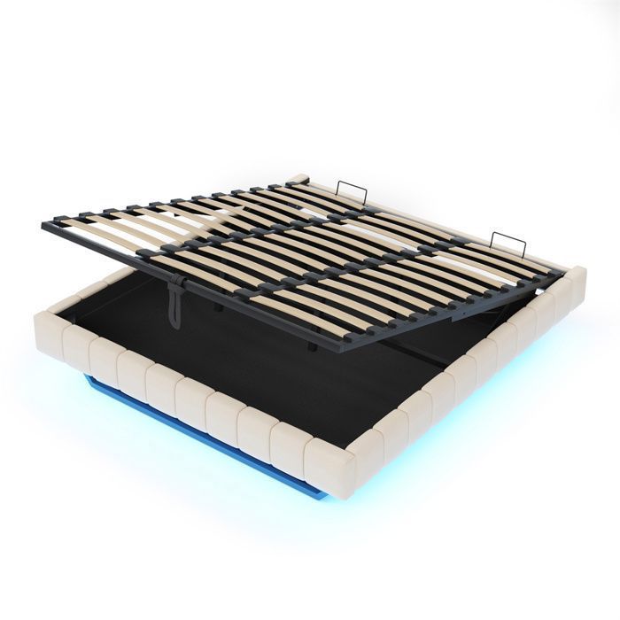 Letto contenitore per adulti 180x200 cm - Illuminazione a LED - Sistema di contenimento idraulico - Rete a doghe inclusa - Testiera non inclusa - Biancheria - Beige