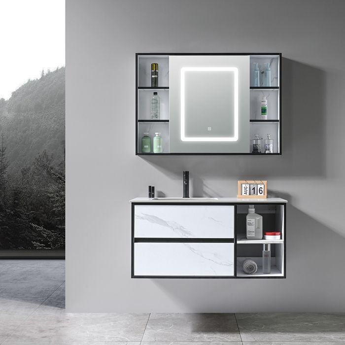 Mobile bagno con lavabo singolo da 100 cm effetto marmo bianco con specchio a LED e colonna contenitore LB-6948 LuxuryBain-