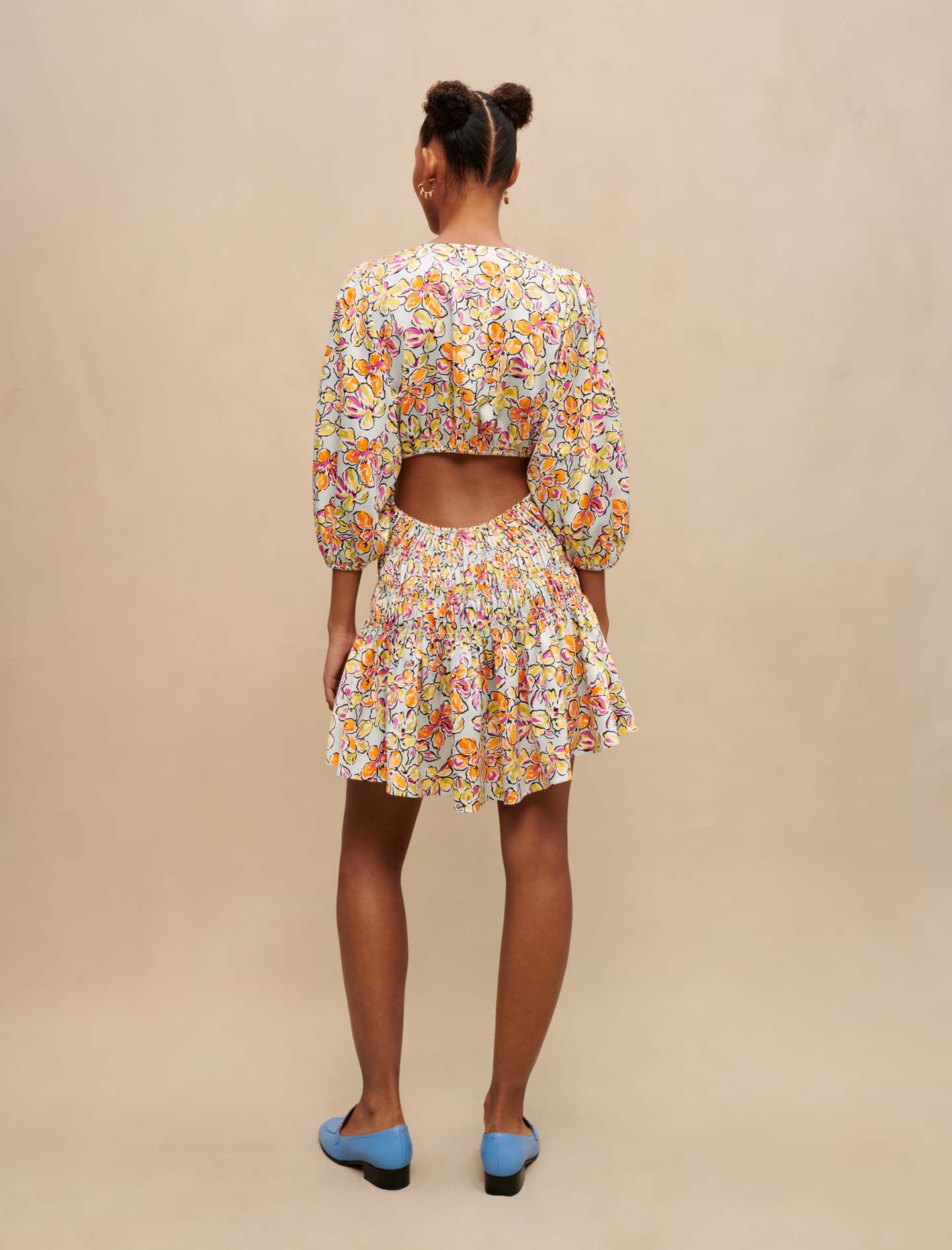 Korte jurk met bloemenprint - Hibiscus oranje/blauw