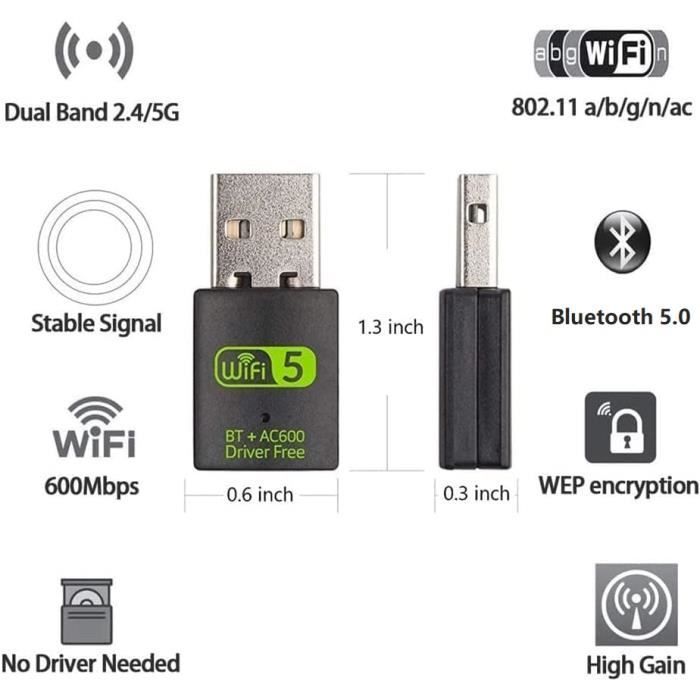 Adaptateur USB WiFi Bluetooth - HAUTSTORE - 600 Mbps - Double bande 2,4/5 GHz - Compatible Windows et MacOS