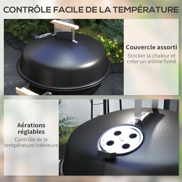 Barbacoa de carbón Outsunny redonda con tapa, ruedas y control de temperatura - 48 x 56 x 94 cm - negra
