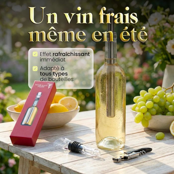 Kit 5 em 1 para Resfriar Garrafas de Vinho Wine and Flow – 2 Bastões Resfriadores de Aço Inoxidável com Dosador, Tampa e Acessório para Vinho