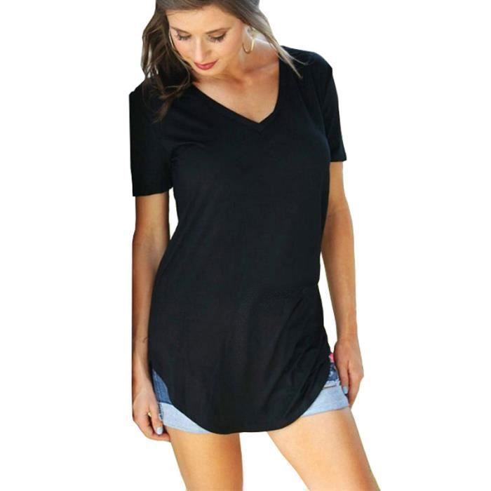 Camiseta de mujer LEOCLOTHO con cuello en V - Tallas grandes - Manga tres cuartos - Algodón suave y cómodo - Negro