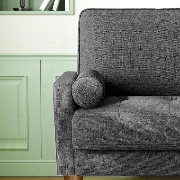 2-Seater Sofa in Grey Fabric, 121 x 77 x 87 cm, Scandinavian Style Sofa with 2 Cushions, Wooden Legs