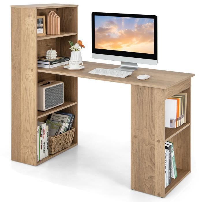Escritorio para ordenador COSTWAY con estantería, mesa de ordenador de 75 cm de altura con 6 estantes de almacenamiento, color natural.