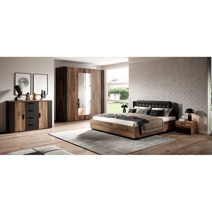 Chambre complète FOX – Lit coffre 180x200, sommier inclus, Armoire, Commode, Chevets – Chêne foncé