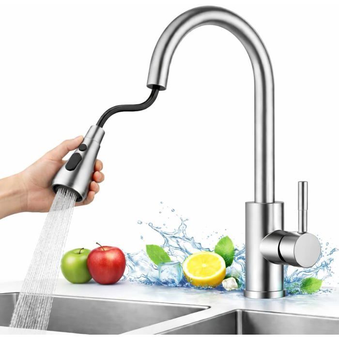 Kitchen Faucet - Kitchen Mixer Tap - 360° Swivel - with Pull-Out Spray Head - 2 Spray Patterns - Nickel